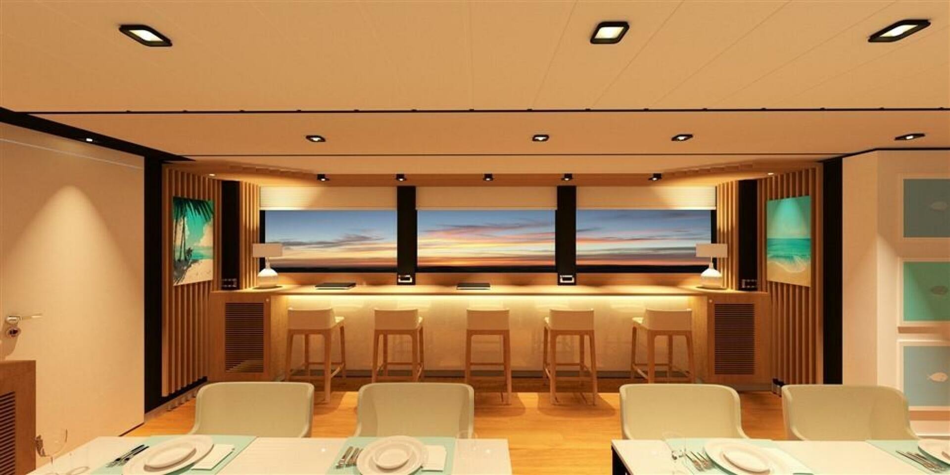 a room with chairs and tables aboard PROJECT NIRVANA Yacht for Sale