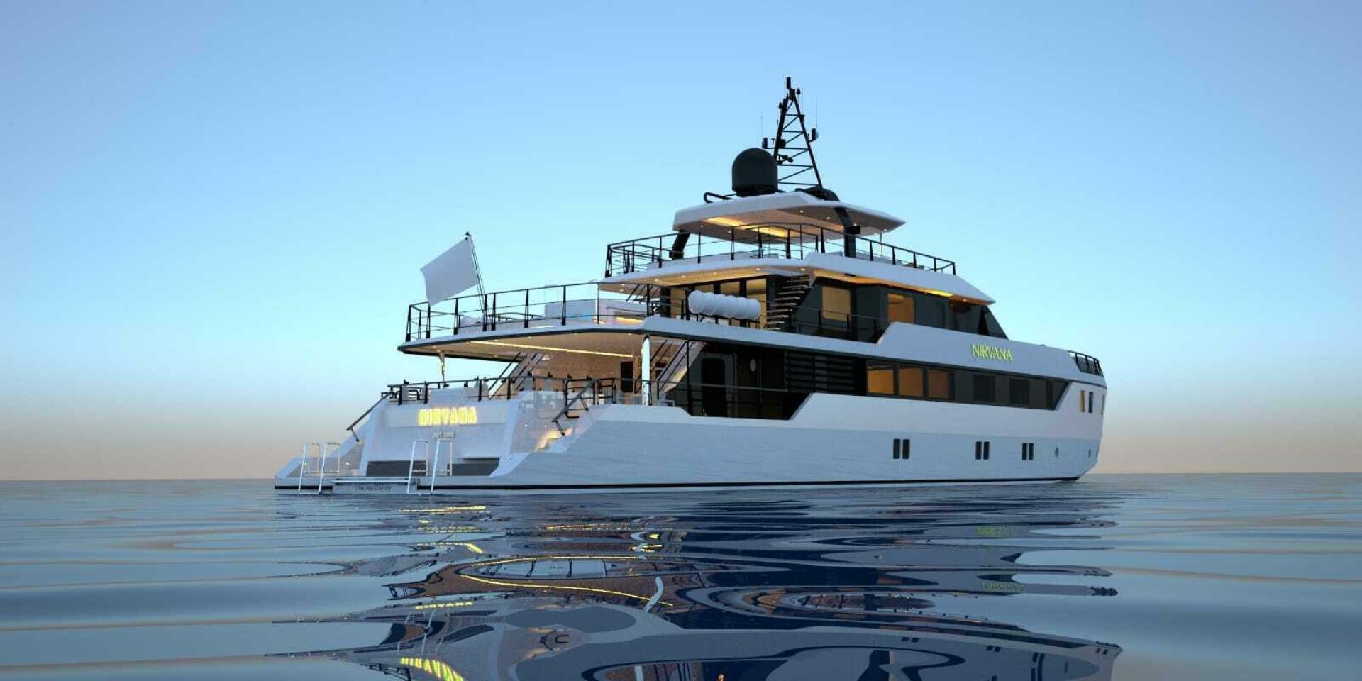 a large boat in the water aboard PROJECT NIRVANA Yacht for Sale
