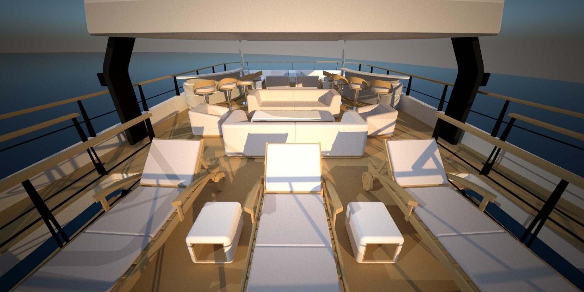 a room with tables and chairs aboard PROJECT NIRVANA Yacht for Sale