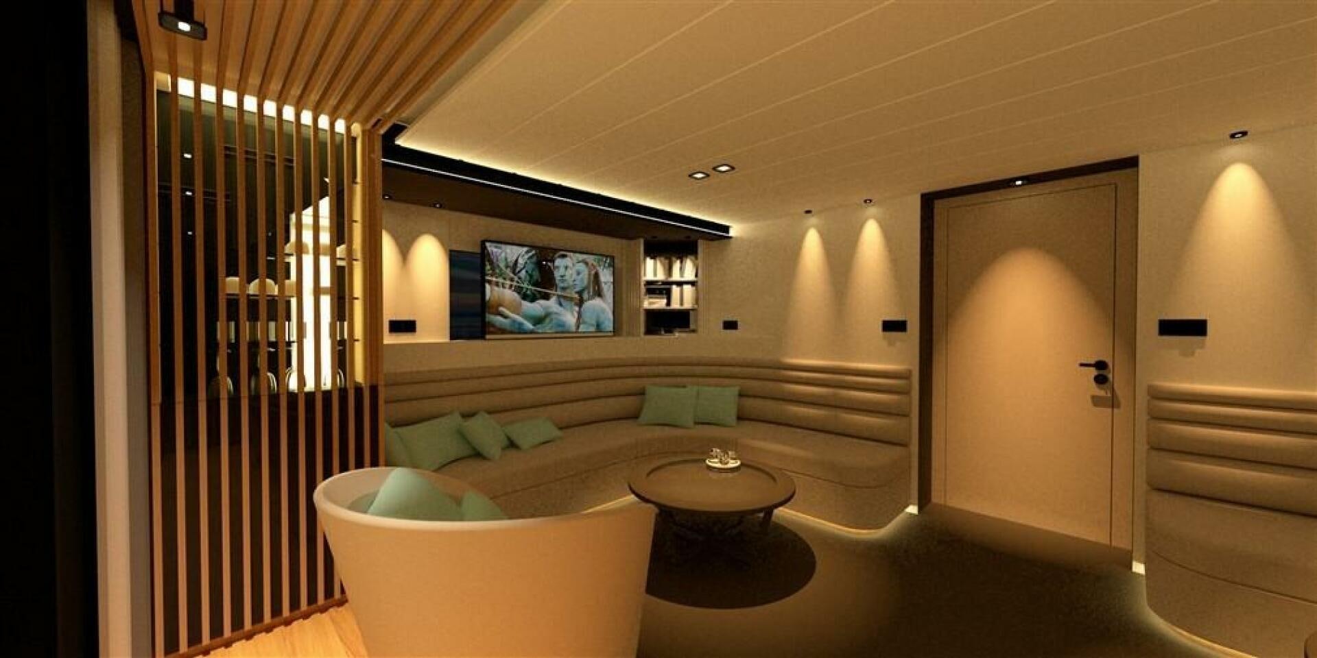a large bathroom with a tub and a large mirror aboard PROJECT NIRVANA Yacht for Sale