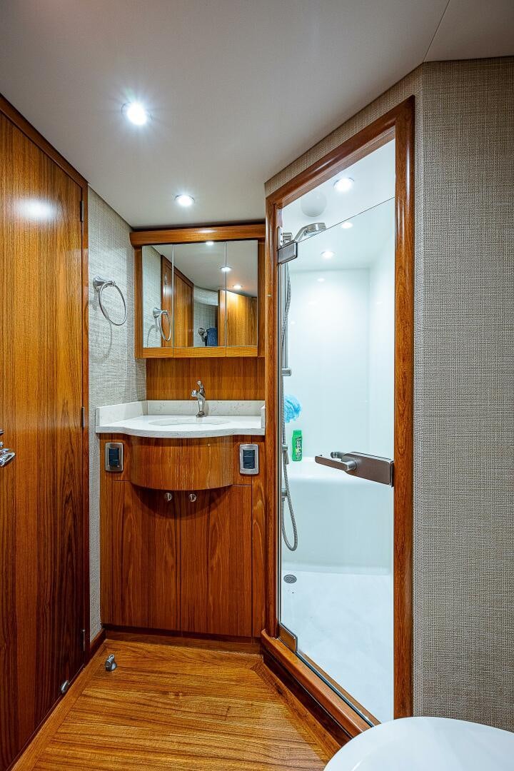 a bathroom with a sink and a shower aboard MAXIMUS Yacht for Sale