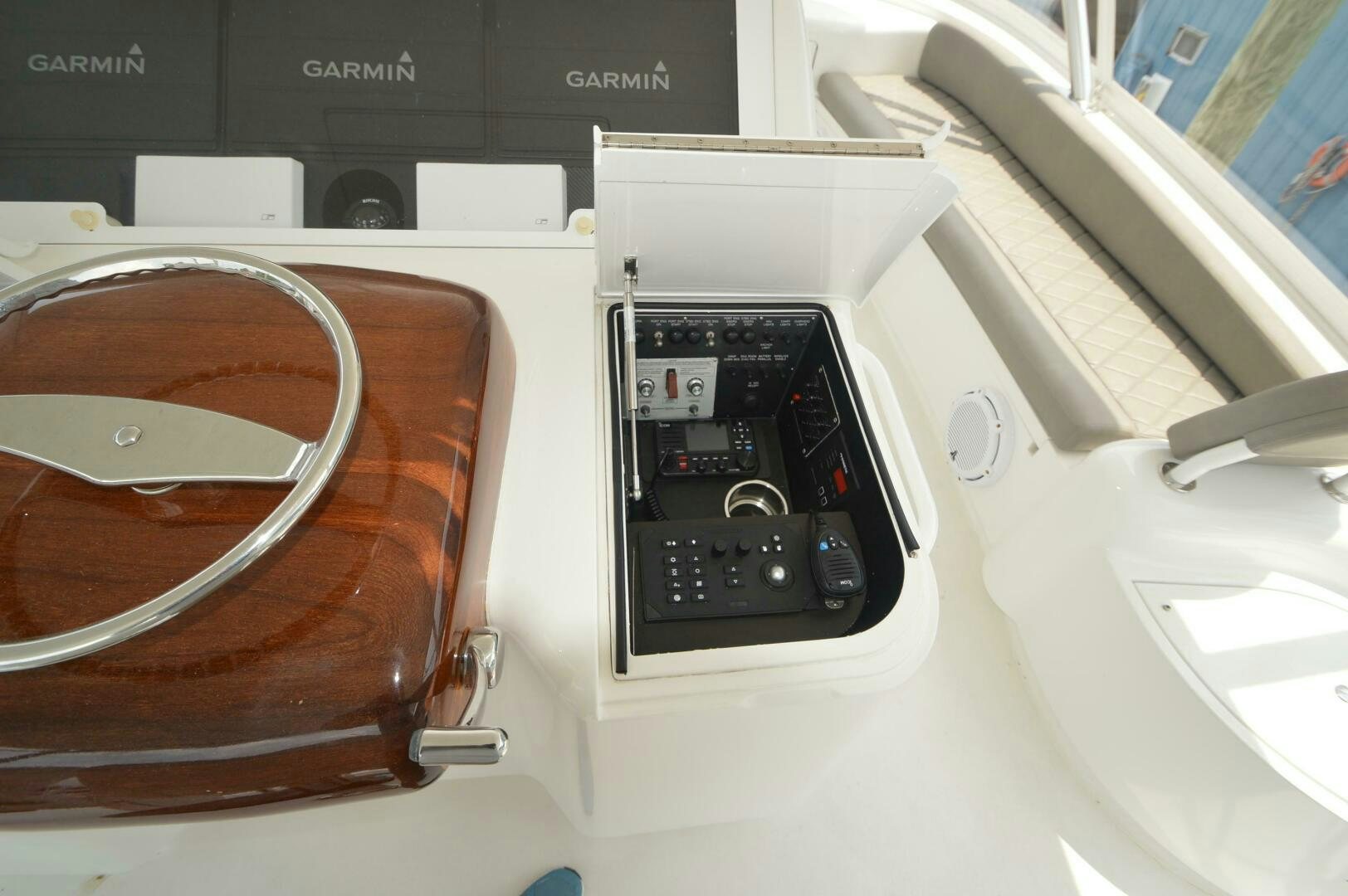 a car stereo on a table aboard LOW PROFILE Yacht for Sale