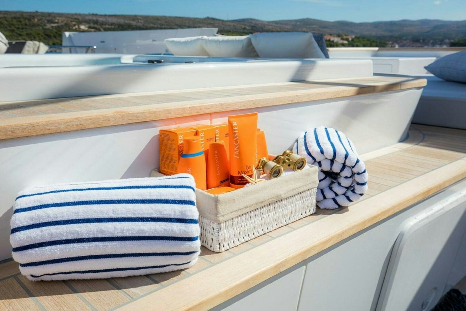 a group of orange and white blocks on a boat aboard KATINA Yacht for Sale
