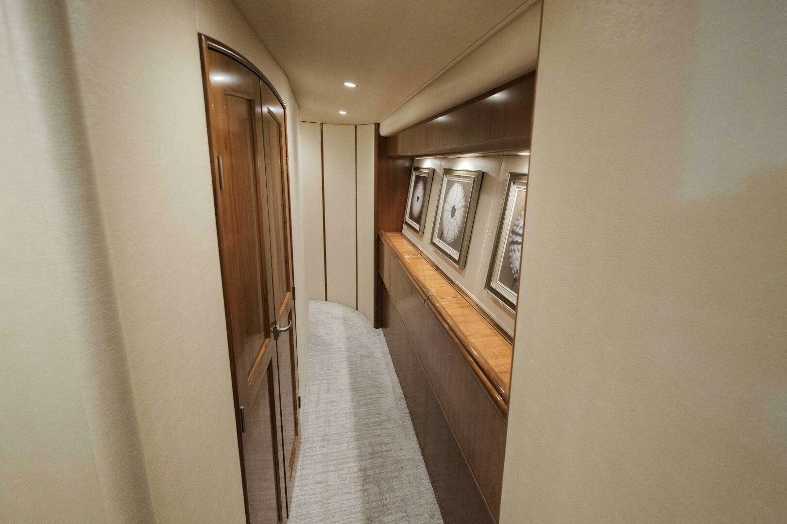 a hallway with a white towel from the ceiling aboard BAILEY'S ARK Yacht for Sale