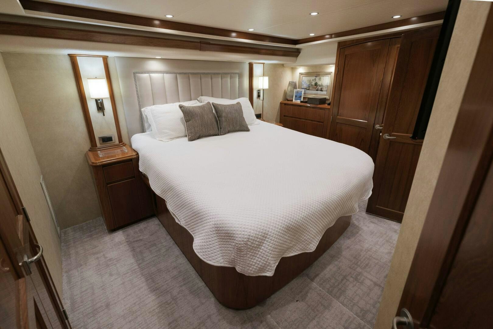 a bed in a room aboard BAILEY'S ARK Yacht for Sale