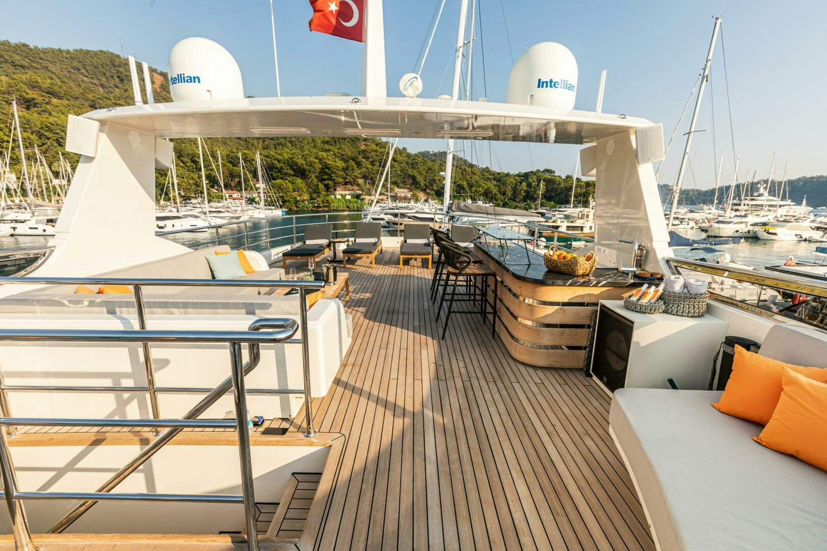 a deck with a large white building and a large white building with a dome on top aboard ZEEMAR Yacht for Sale