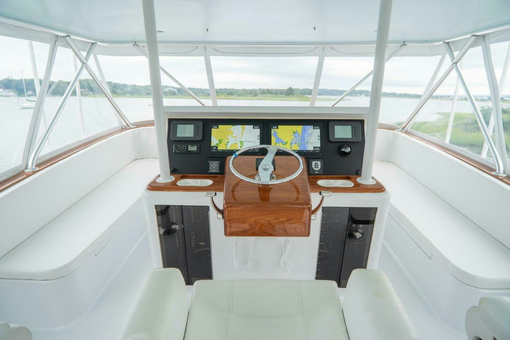 inside of a car aboard BIG BLUE Yacht for Sale