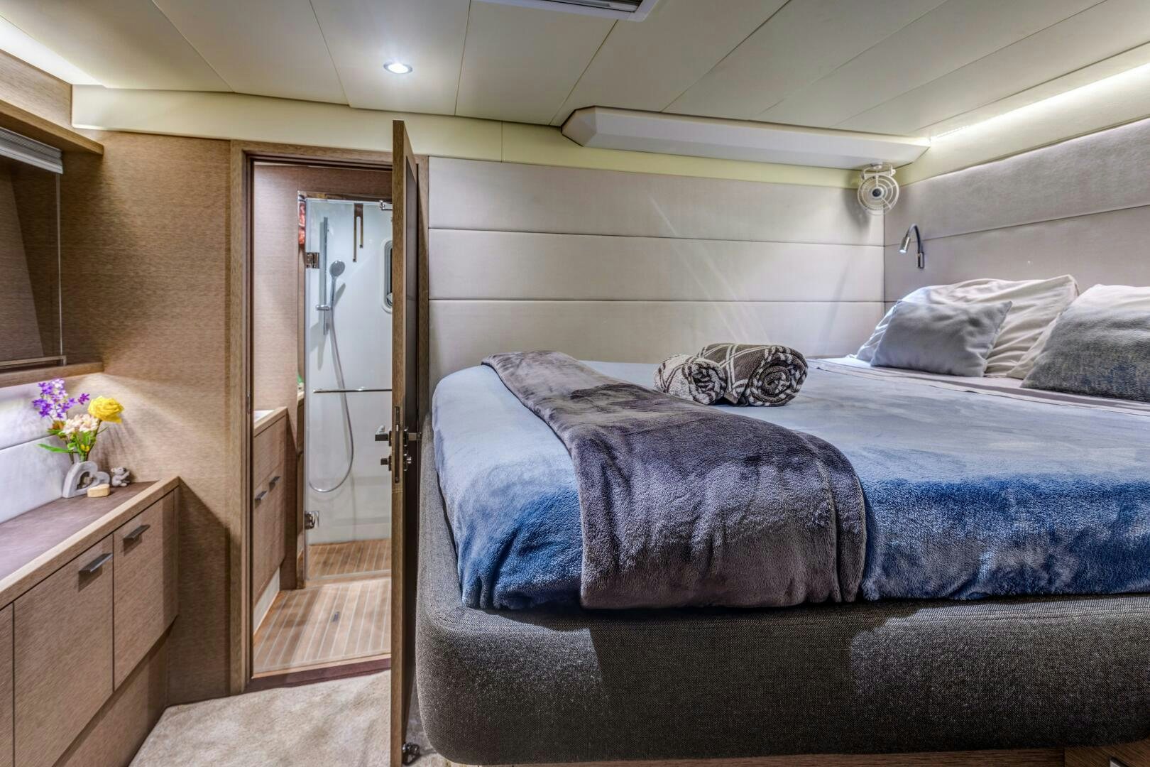 a bed in a room aboard SECOND WAVE Yacht for Sale