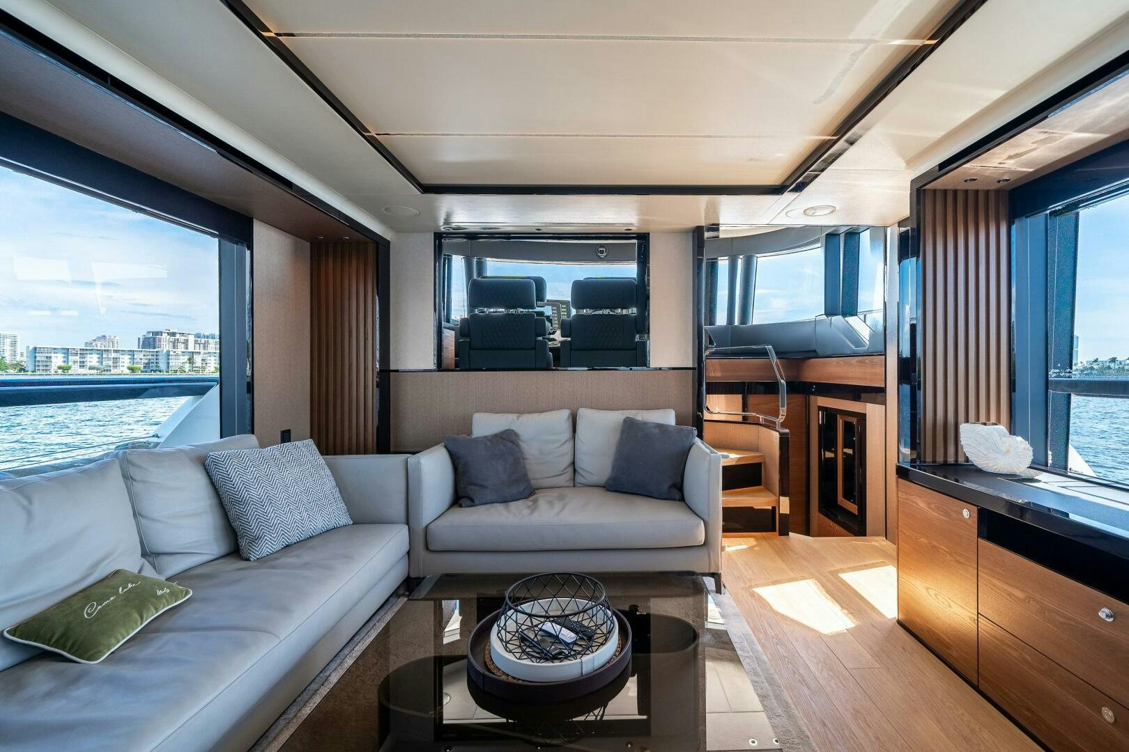 a living room with a large window aboard ALGI Yacht for Sale