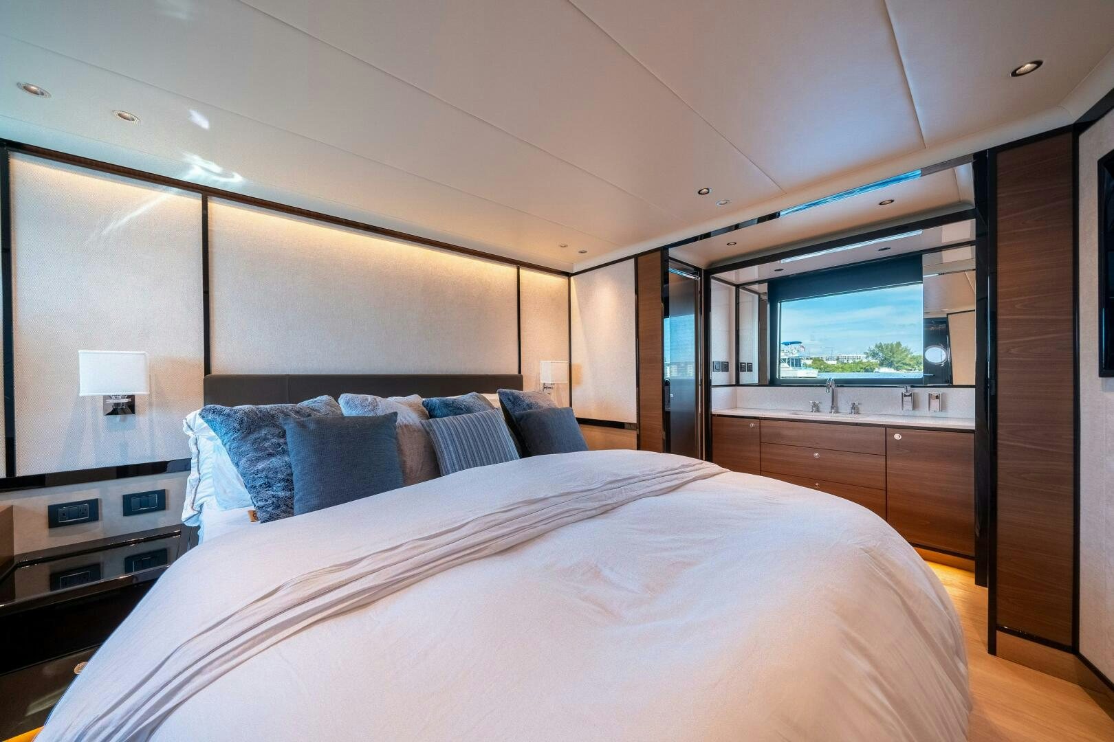 a bed in a room aboard ALGI Yacht for Sale