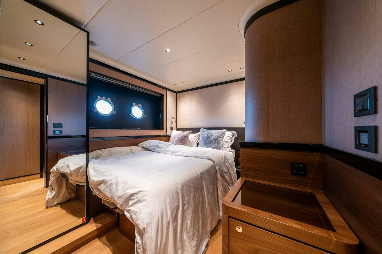a room with two beds aboard ALGI Yacht for Sale