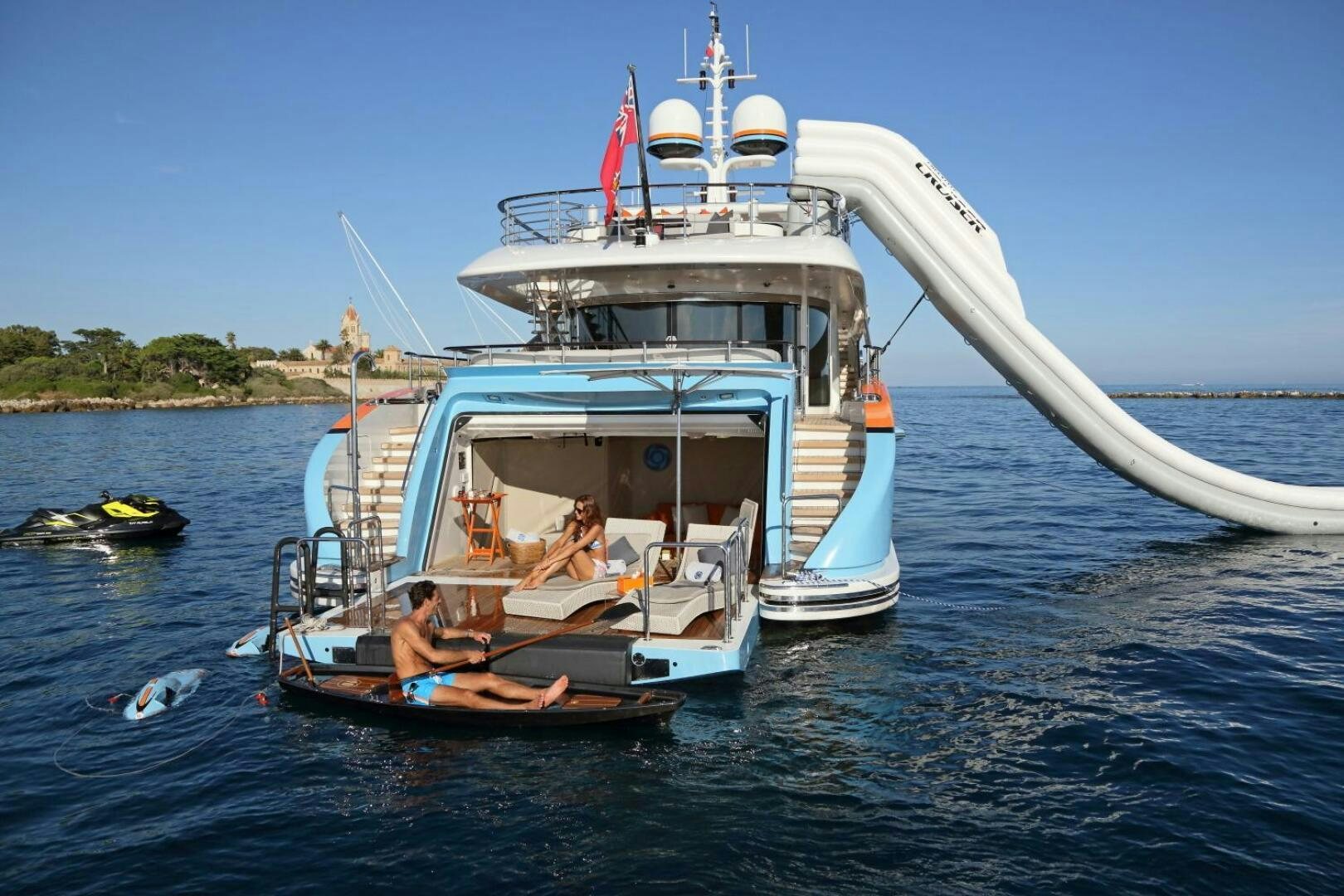 a boat with a couple people on it aboard AURELIA Yacht for Sale