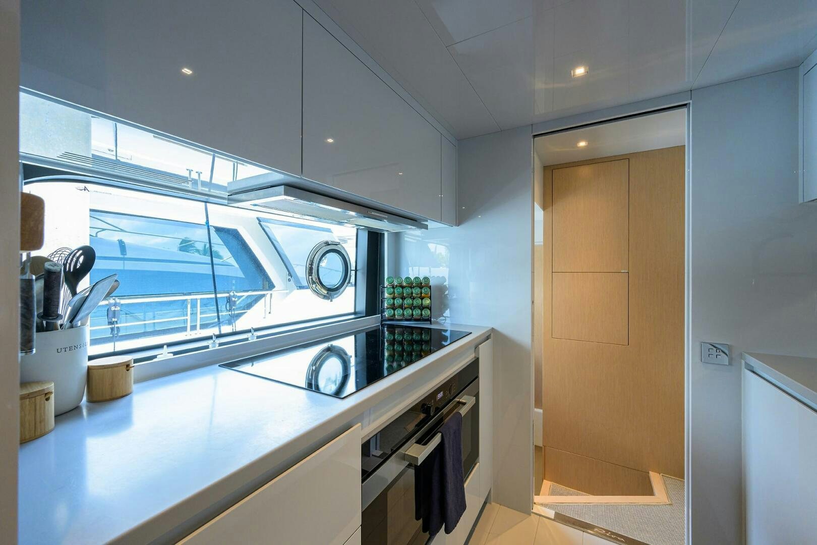 a kitchen with a large oven aboard RISE ABOVE III Yacht for Sale