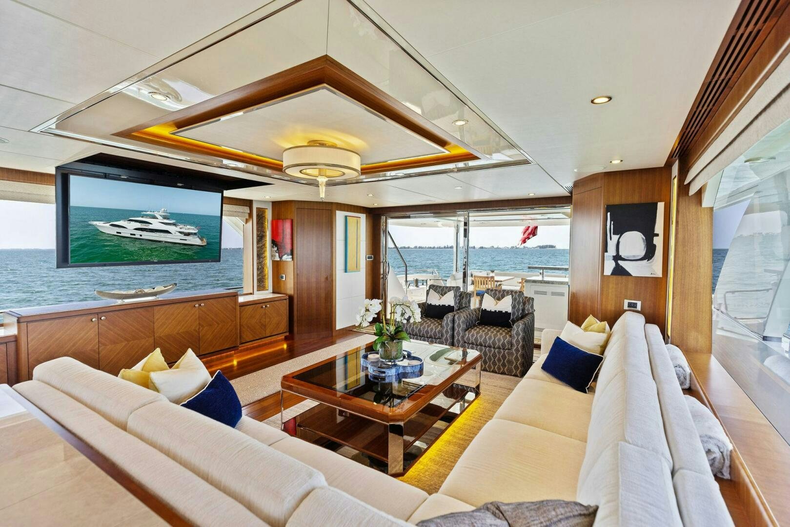 a living room with a large screen aboard SUNZSET Yacht for Sale