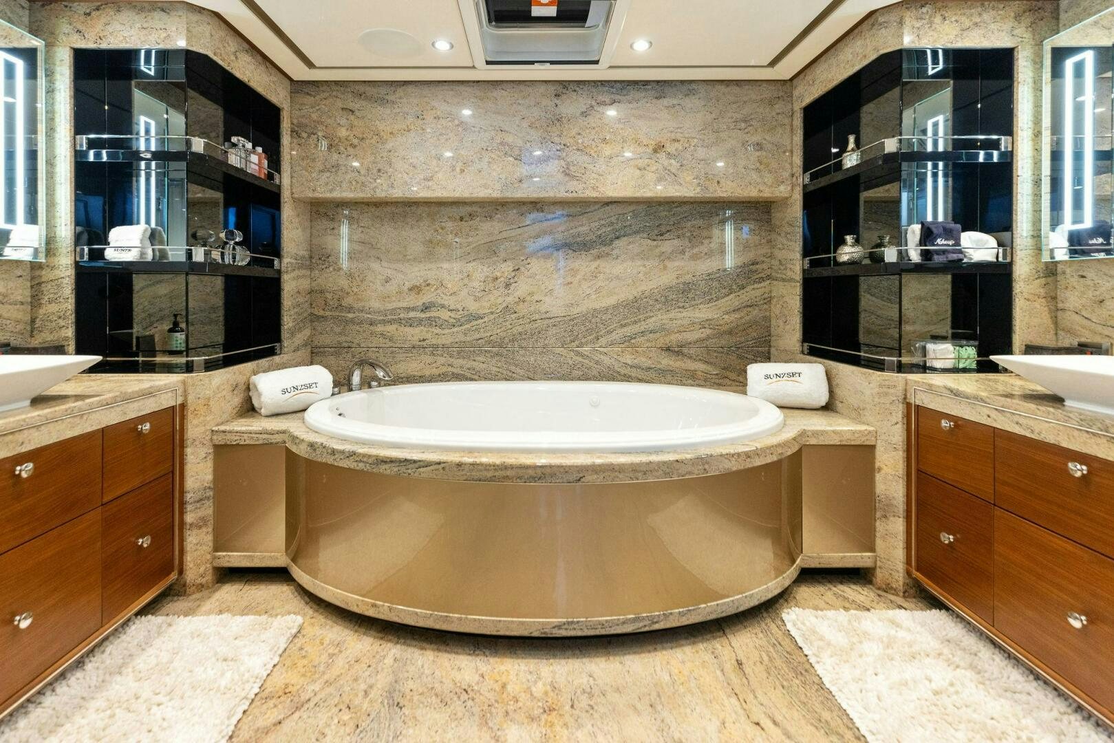 a large bathroom with a large tub aboard SUNZSET Yacht for Sale