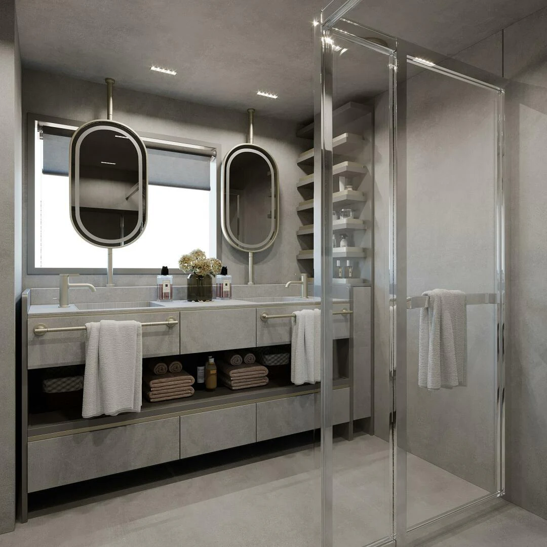 a bathroom with a glass shower aboard VISION F 80NG Yacht for Sale
