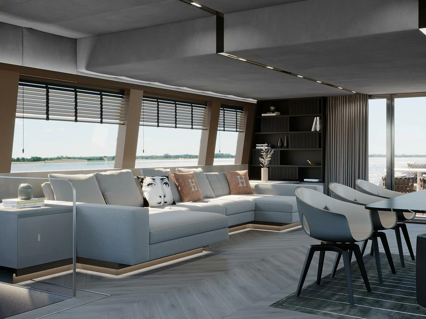 a living room with a couch and a window aboard VISION F 80NG Yacht for Sale
