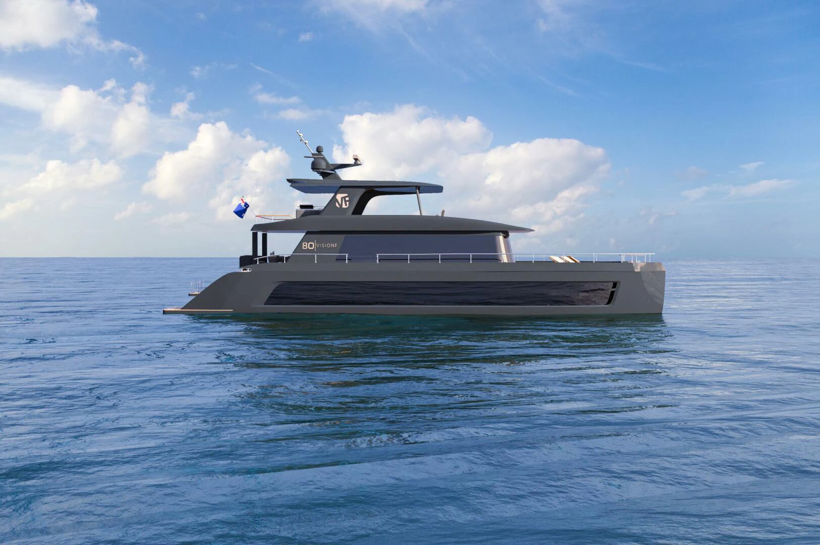 a helicopter flying over a boat in the ocean aboard VISION F 80NG Yacht for Sale