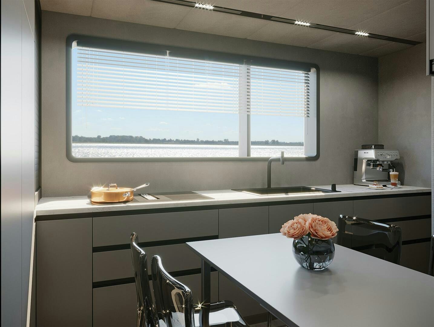 a kitchen with a window aboard VISION F -82ALU Yacht for Sale