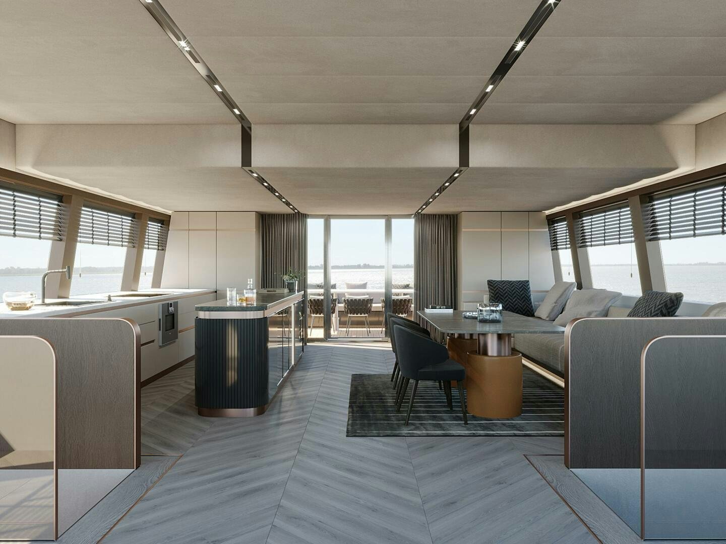 a room with a couch and a table and chairs aboard VISION F -82ALU Yacht for Sale
