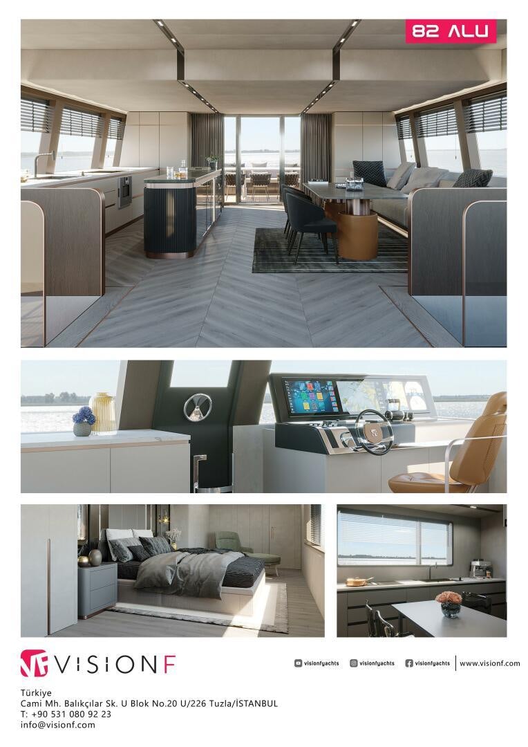 a collage of a room aboard VISION F -82ALU Yacht for Sale