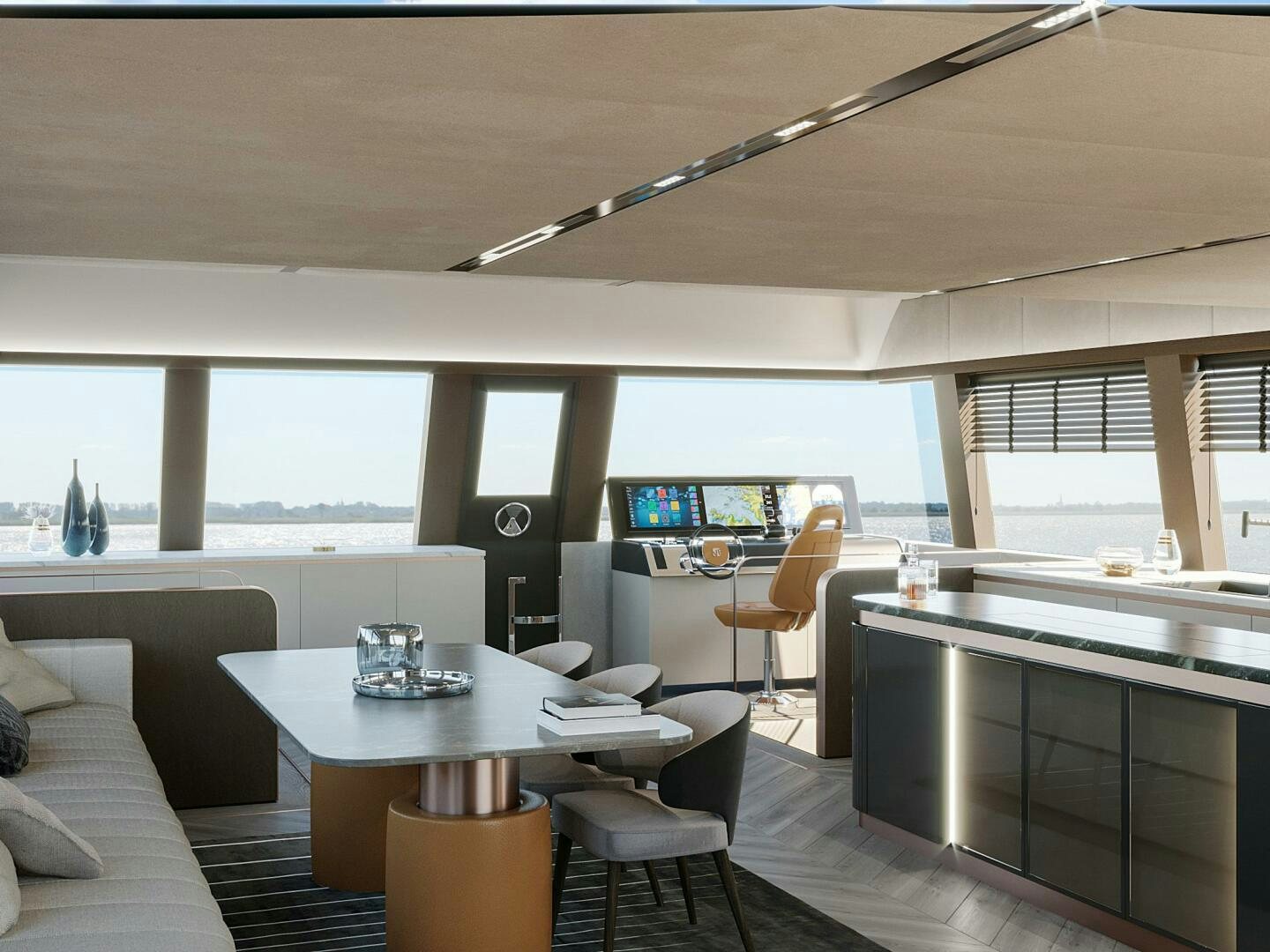 a room with a table and chairs aboard VISION F -82ALU Yacht for Sale