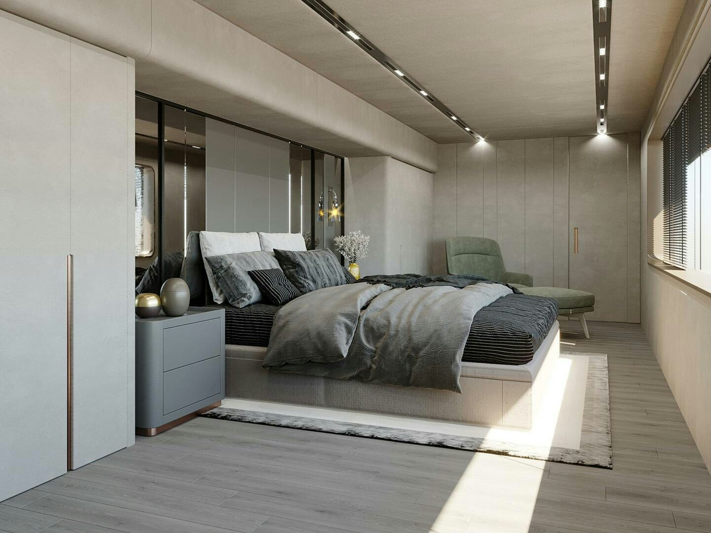 a bedroom with a large bed aboard VISION F -82ALU Yacht for Sale