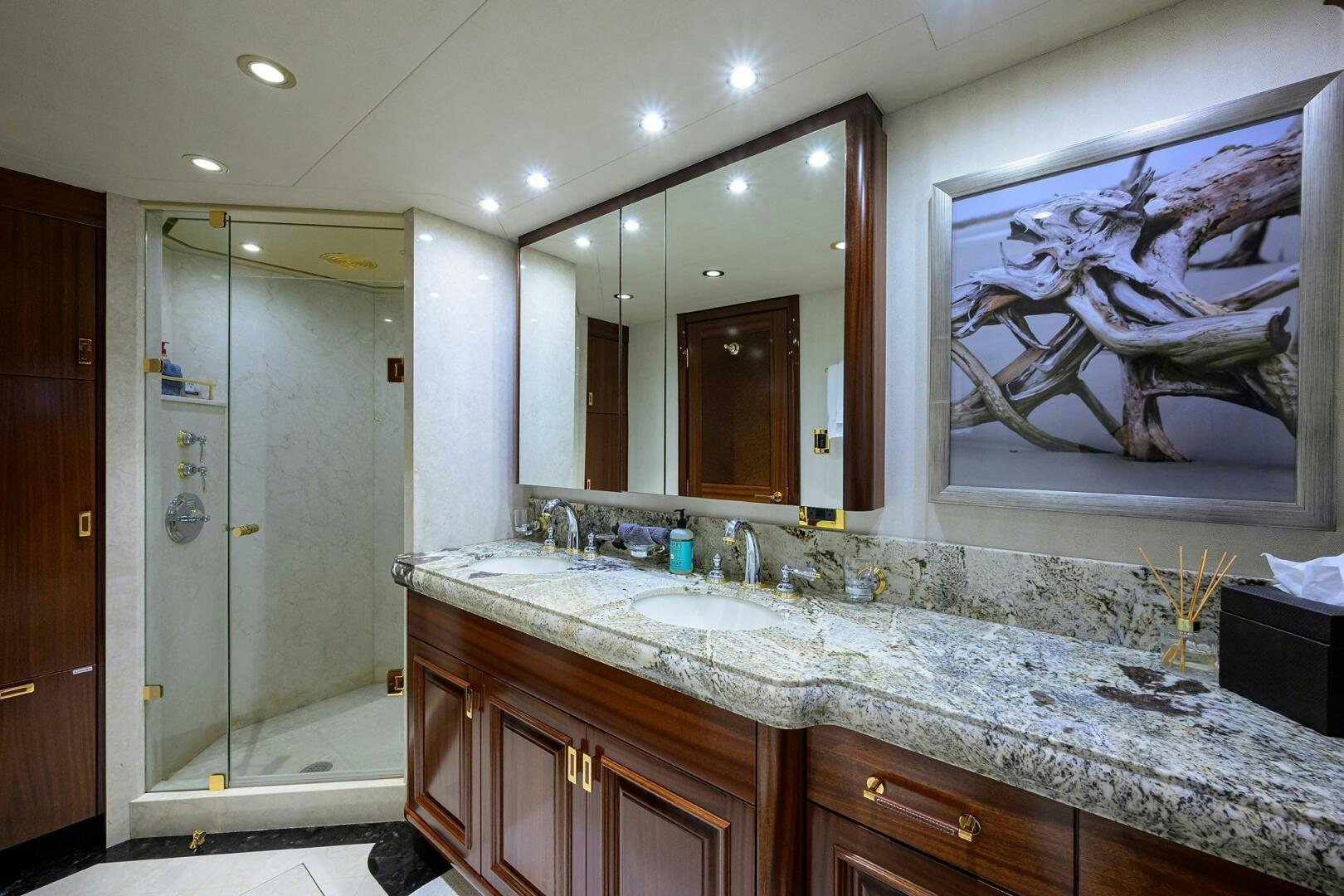 a bathroom with marble counter tops aboard SARABETH Yacht for Sale