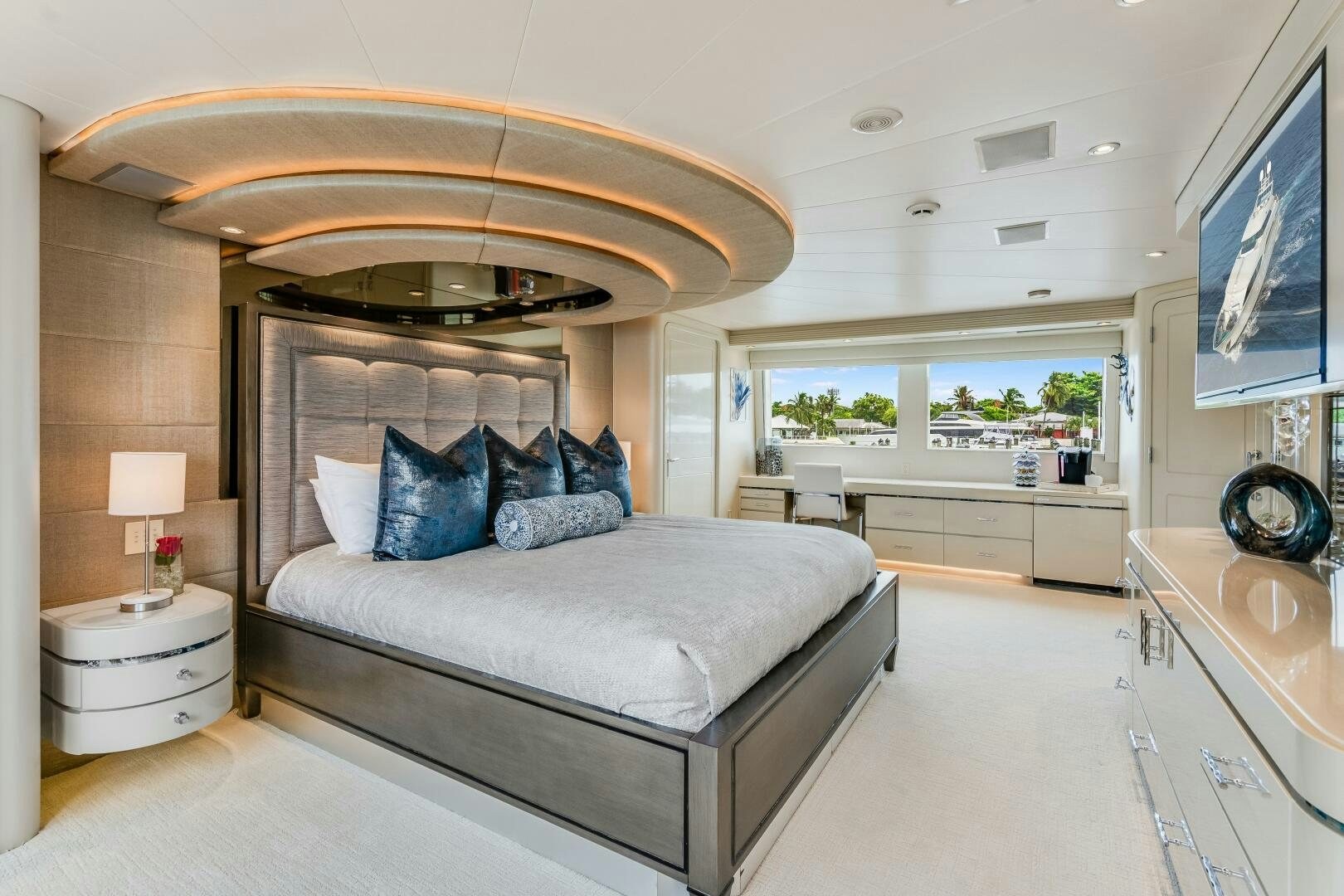 a large bedroom with a large bed aboard CUPCAKE Yacht for Sale
