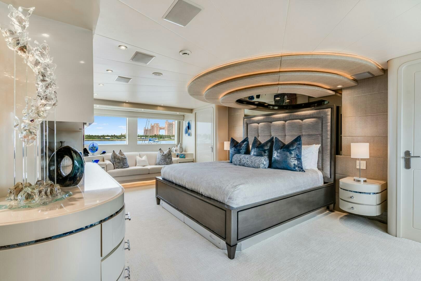 a large bedroom with a large bed aboard CUPCAKE Yacht for Sale