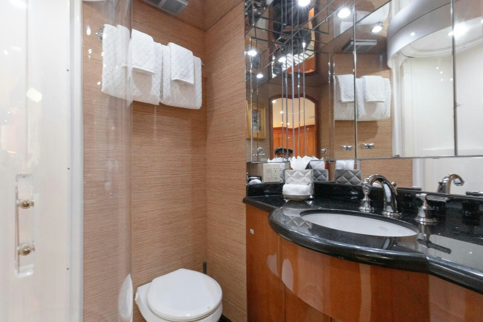 a bathroom with a sink and toilet aboard PIRATE RADIO Yacht for Sale
