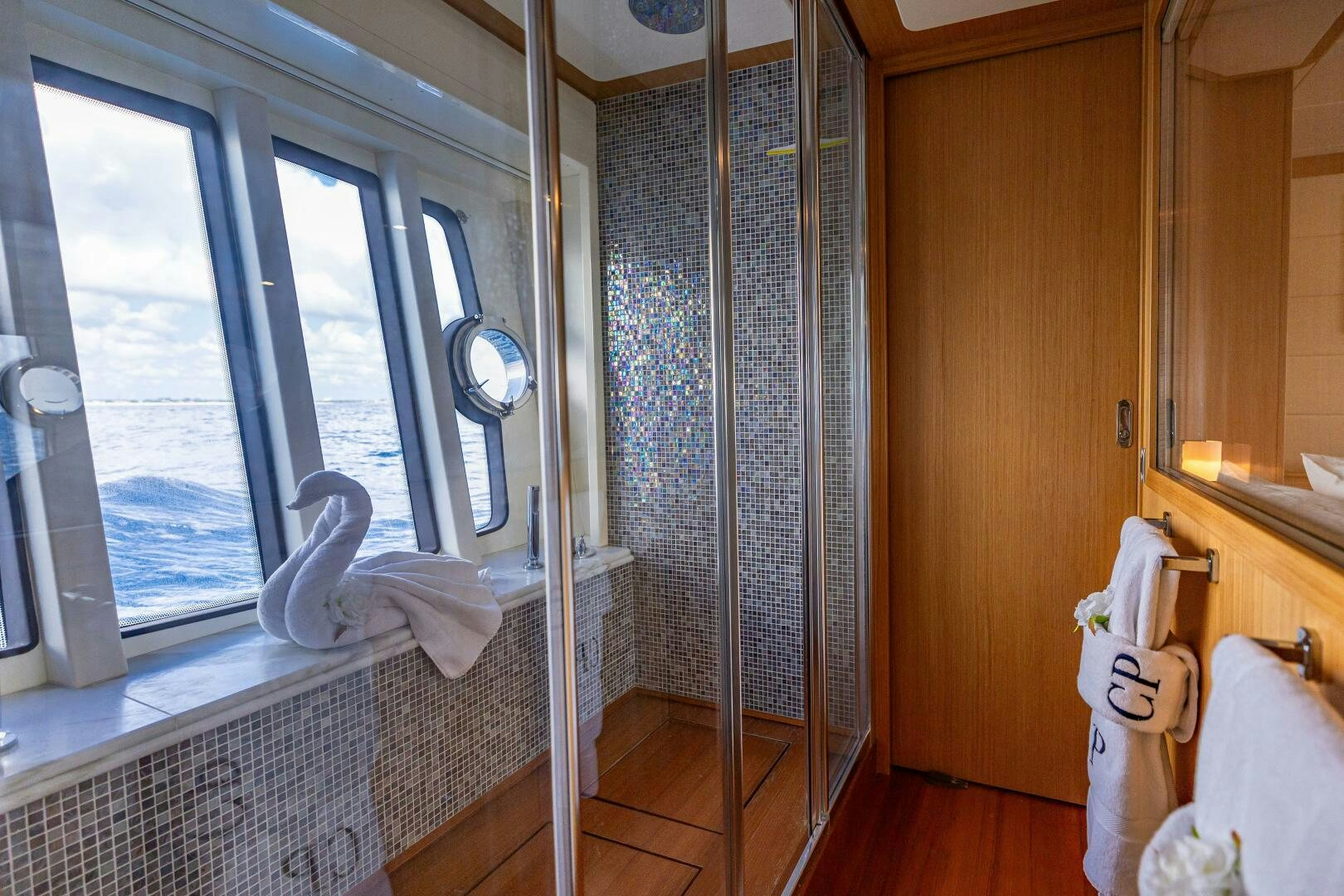 a bathroom with a shower aboard CRYSTAL PARROT Yacht for Sale