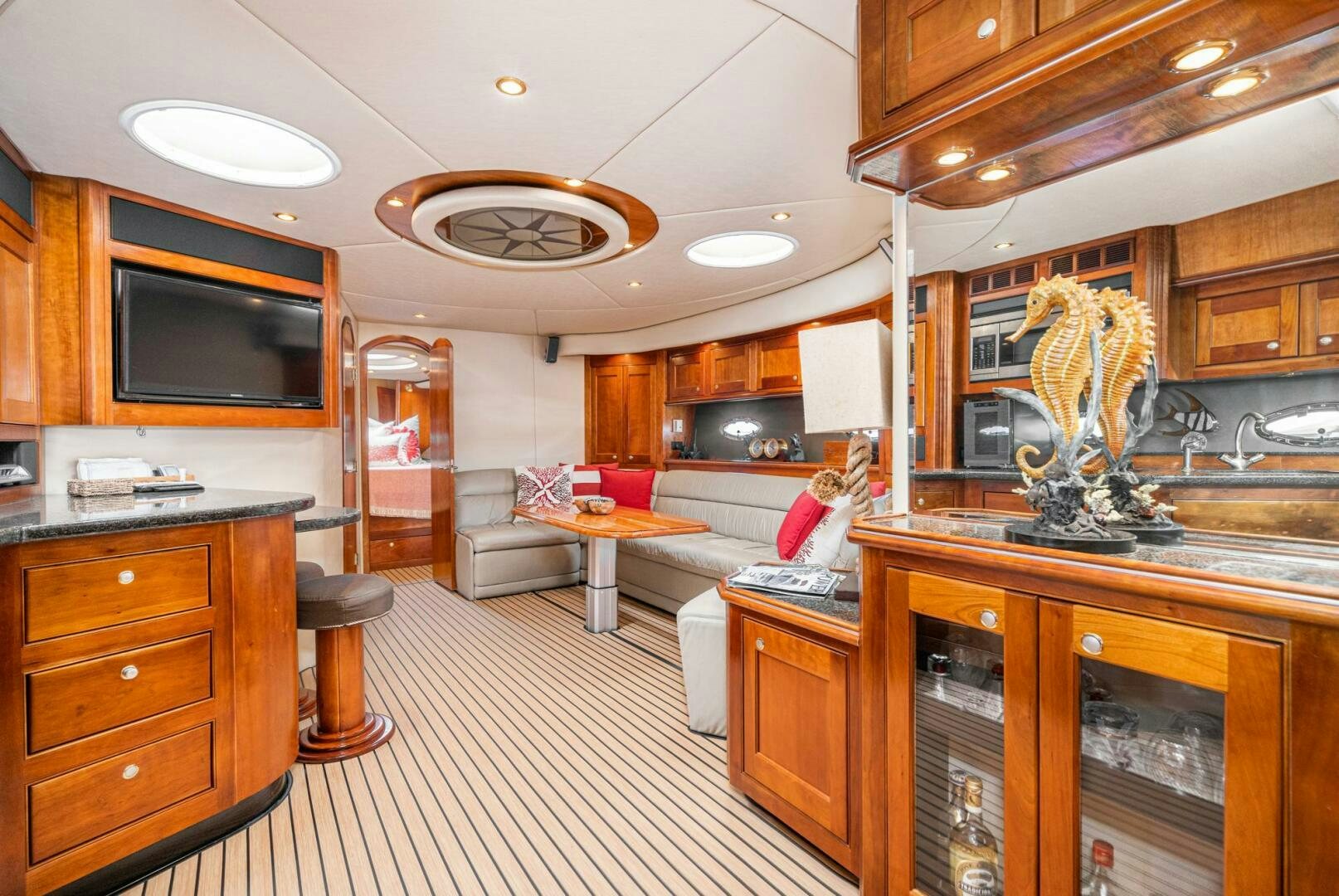 a kitchen with a large island aboard MYSTIQUE Yacht for Sale