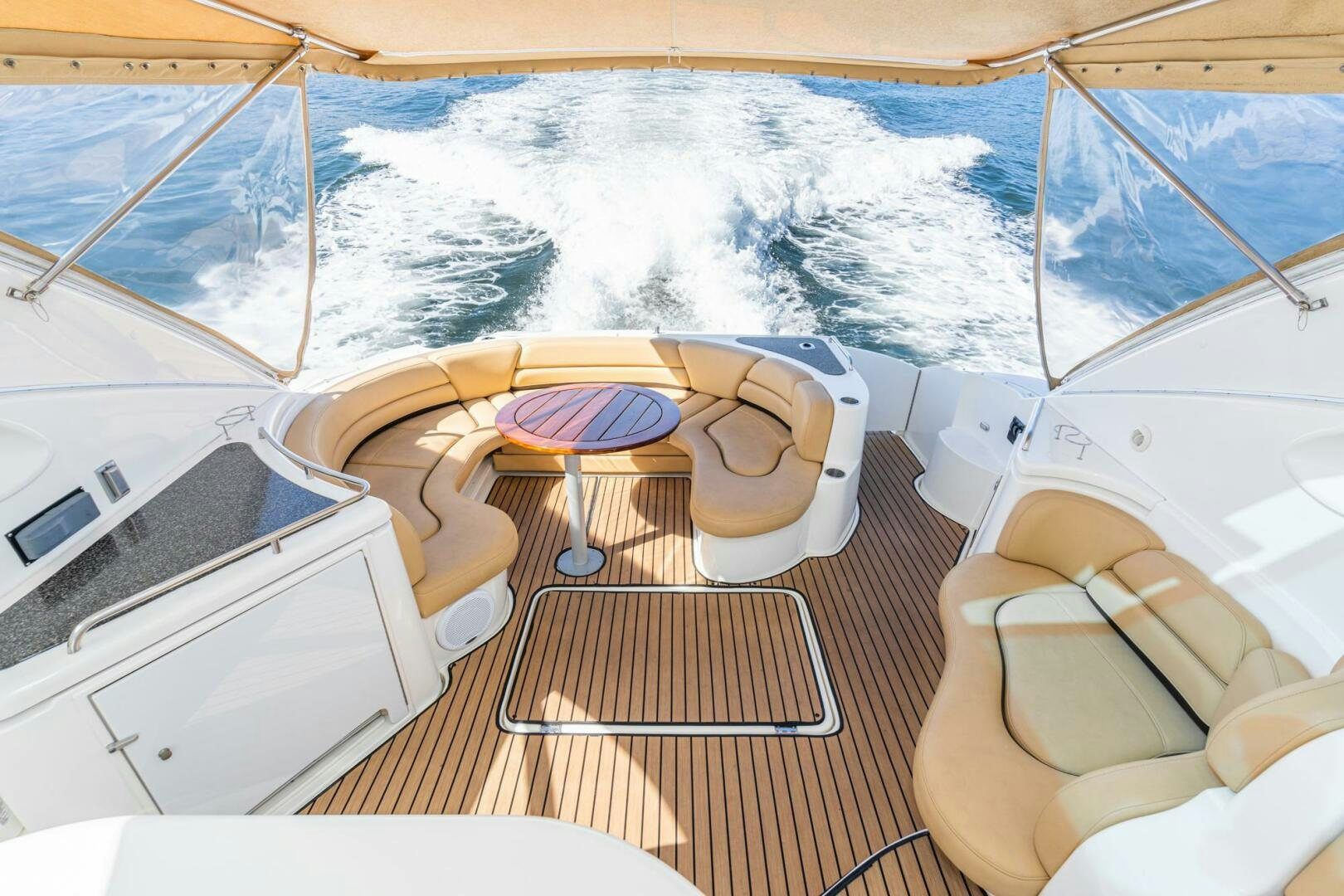 a boat with chairs and tables on it aboard MYSTIQUE Yacht for Sale