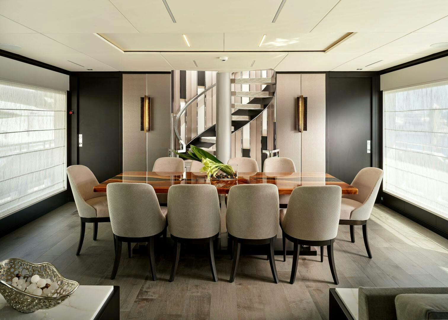 a large conference room with a table and chairs aboard ROMEO FOXTROT Yacht for Sale