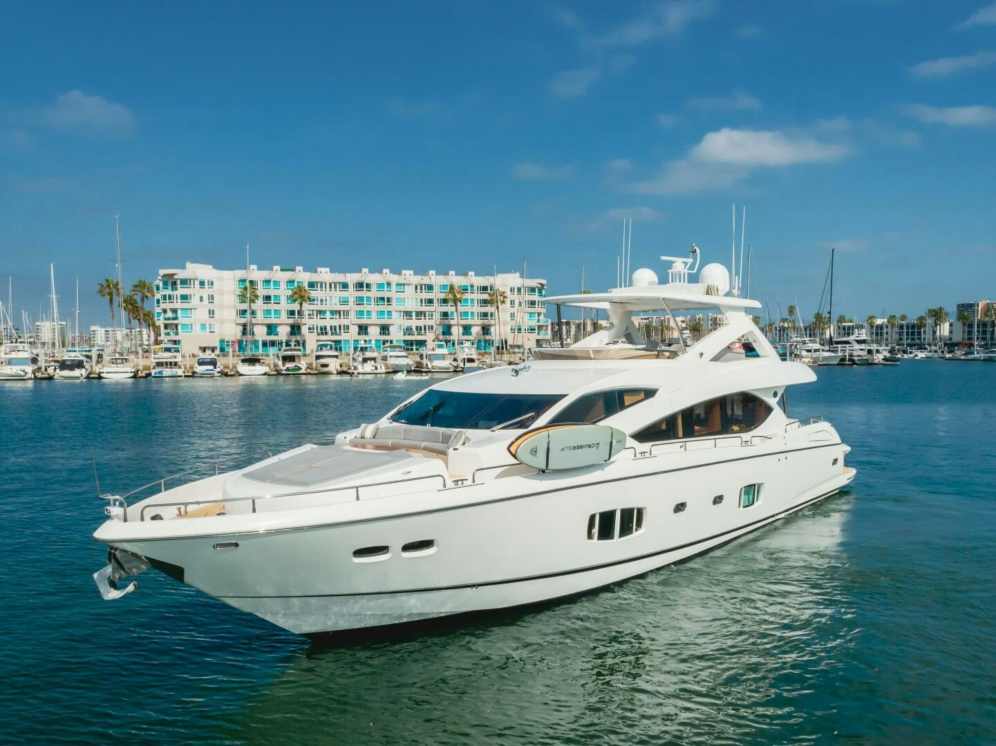 a white yacht in the water aboard INDECENT PROPOSAL IV Yacht for Sale