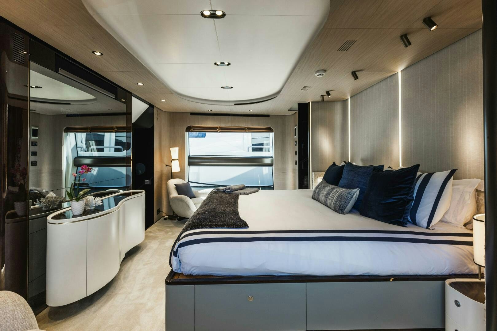 a bed in a room aboard MAJESTIC MOMENTS Yacht for Sale