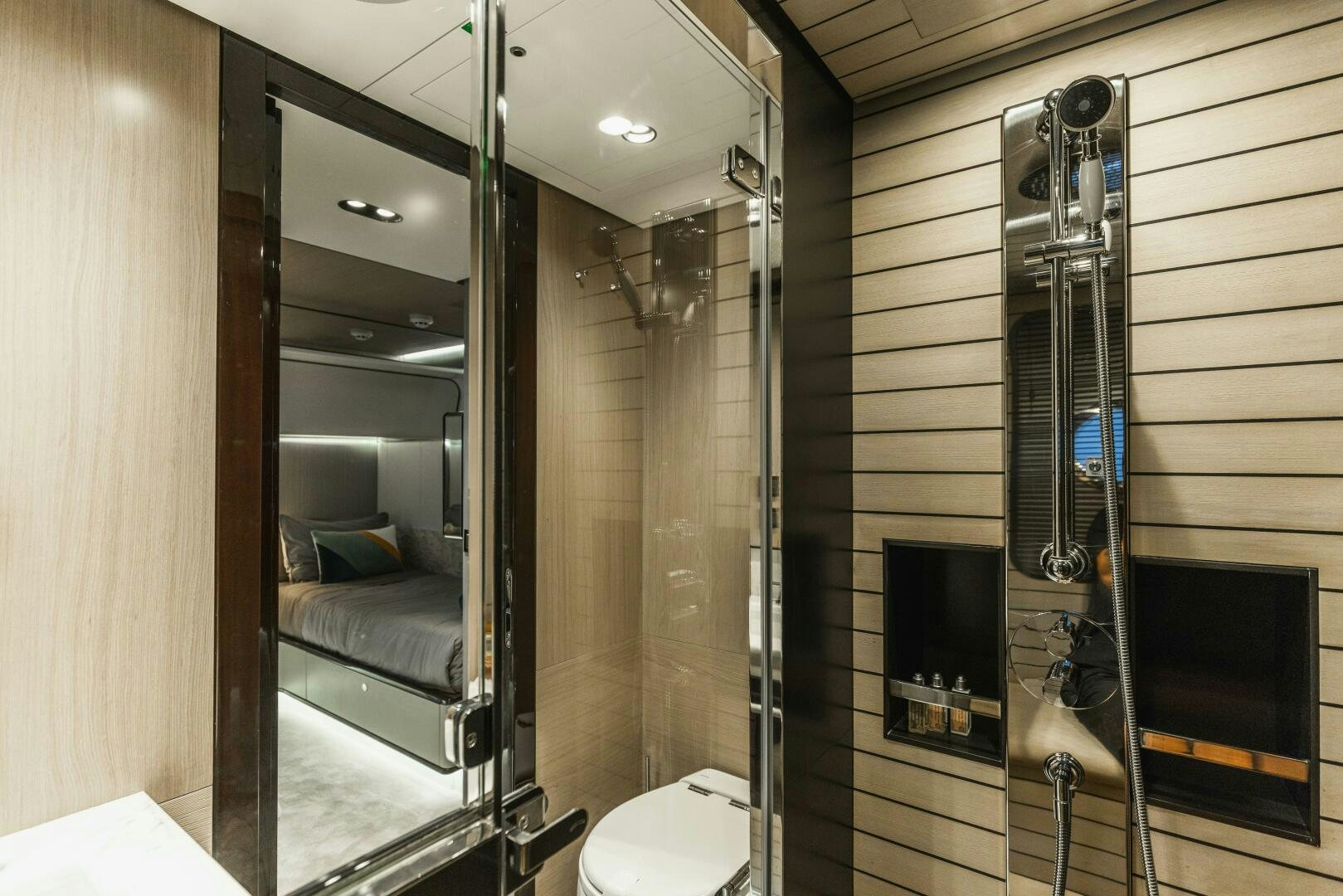 a bathroom with a shower unit aboard MAJESTIC MOMENTS Yacht for Sale