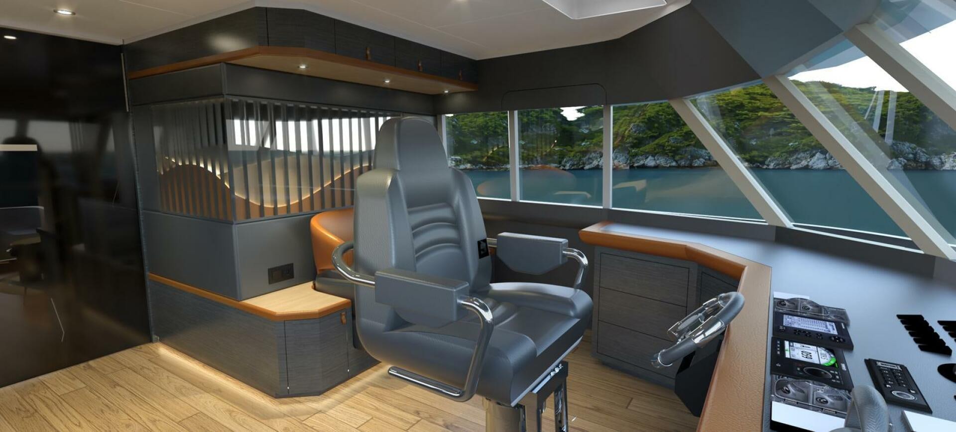 a room with a desk and chairs aboard VOYAGE ONE Yacht for Charter