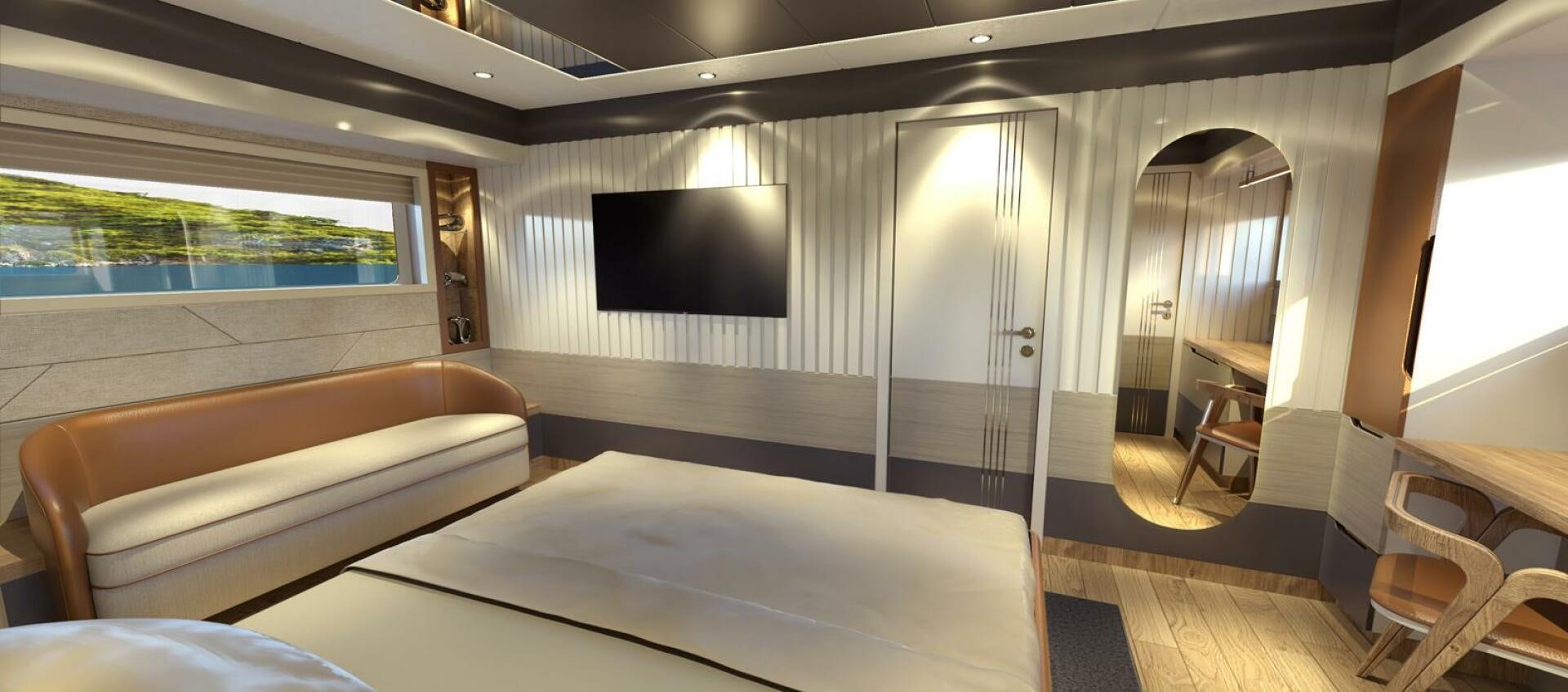 a room with a bed and a television on the wall aboard VOYAGE ONE Yacht for Charter