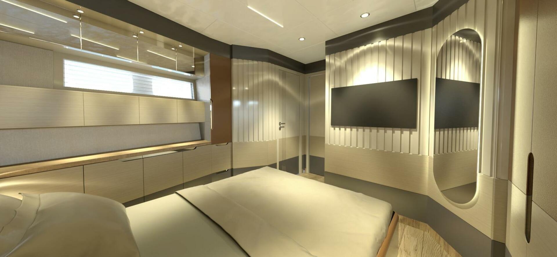 a room with a bed and a window aboard VOYAGE ONE Yacht for Charter