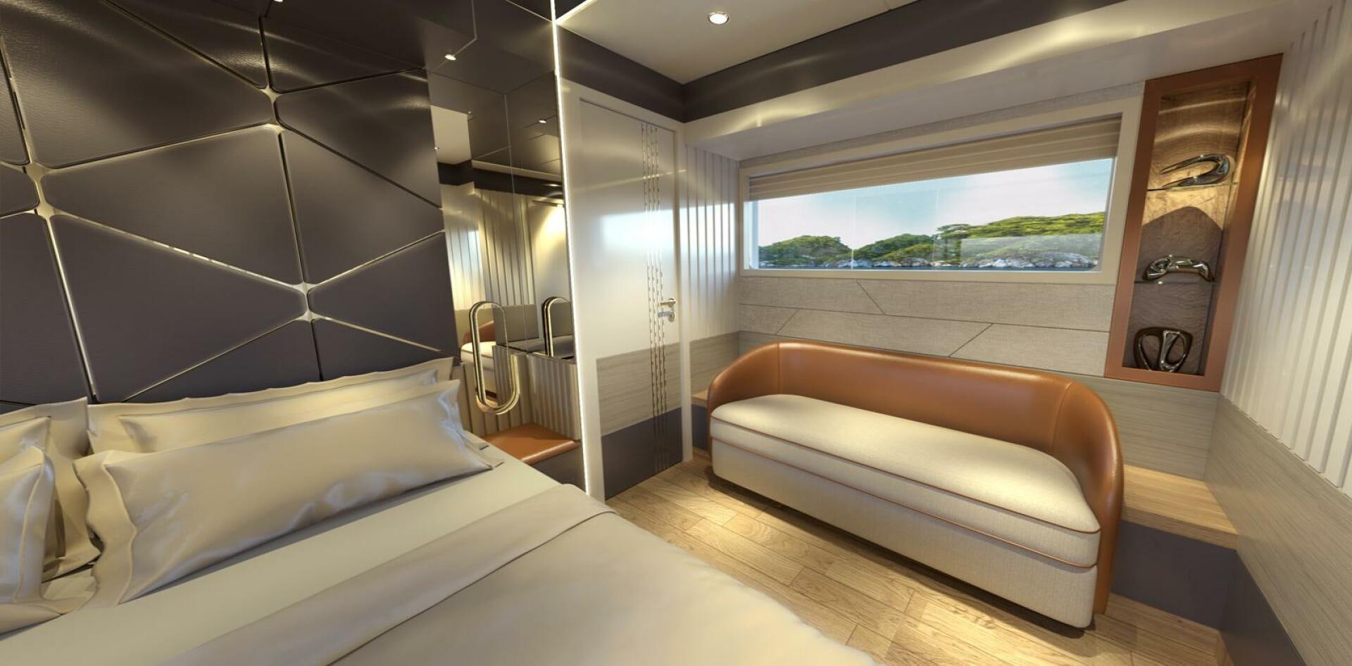 a room with a bed and a window aboard VOYAGE ONE Yacht for Charter