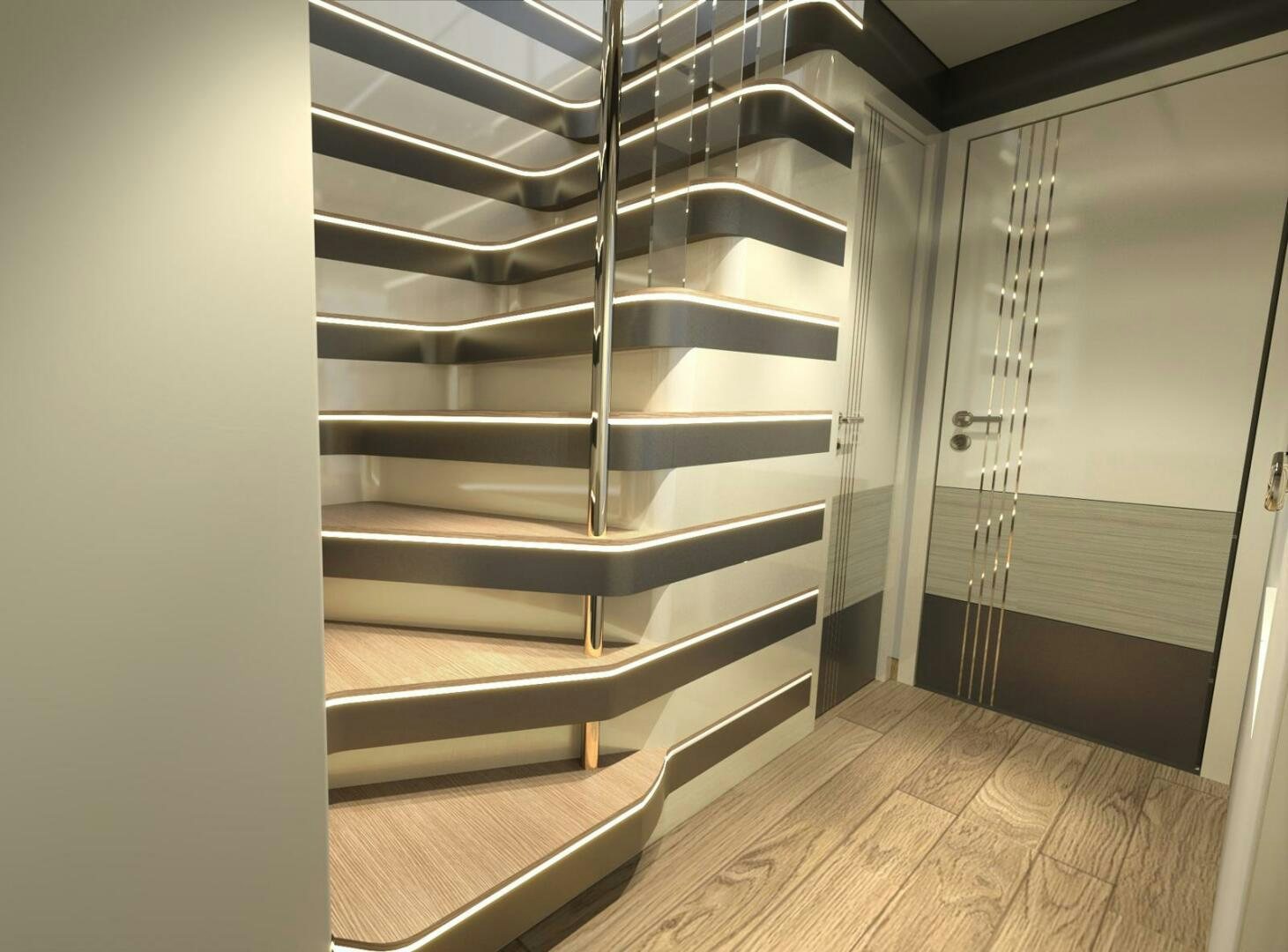 a room with shelves aboard VOYAGE ONE Yacht for Charter