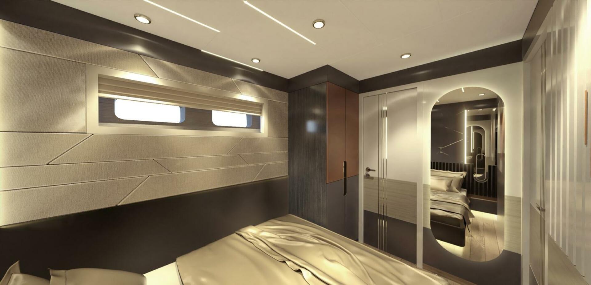 a room with a bed and a door aboard VOYAGE ONE Yacht for Charter
