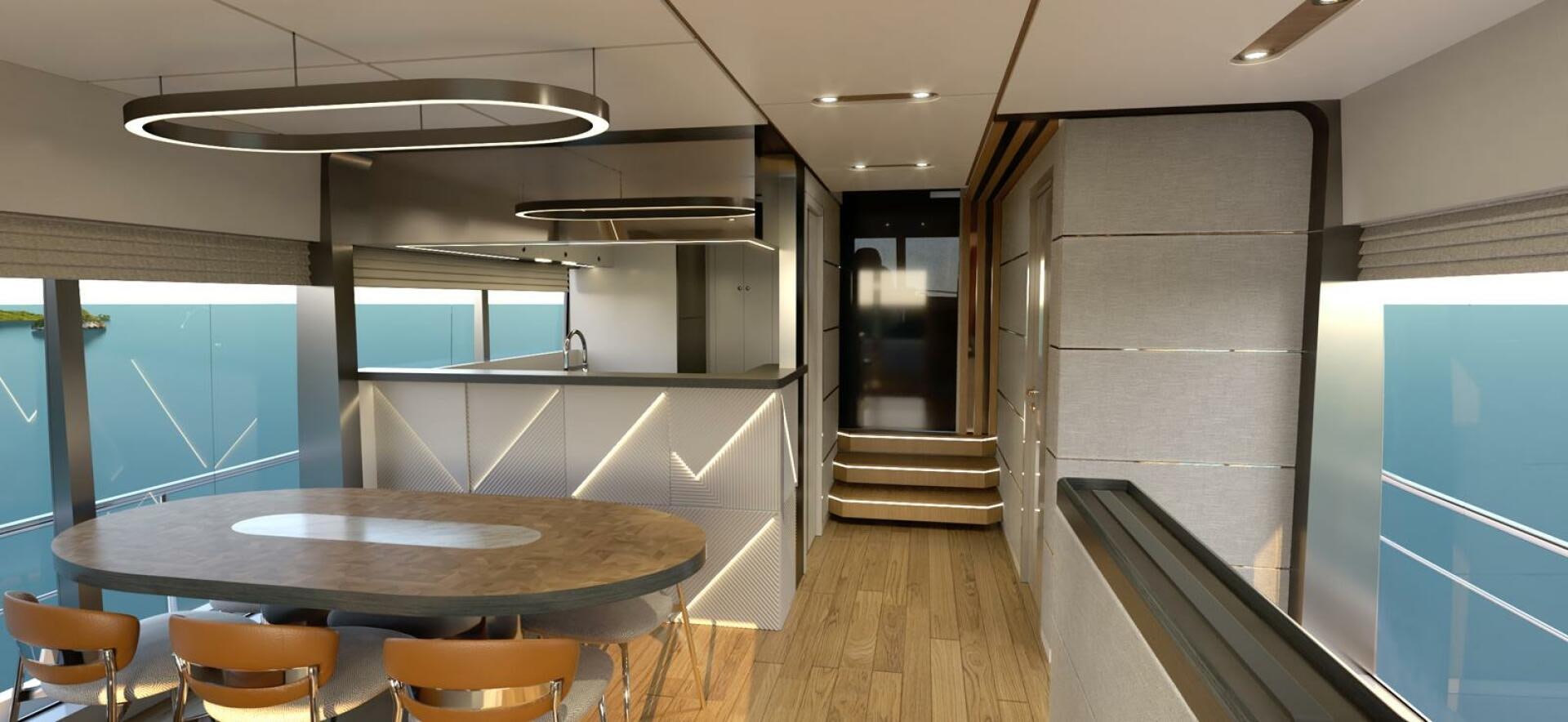 a room with a table and chairs aboard VOYAGE ONE Yacht for Charter