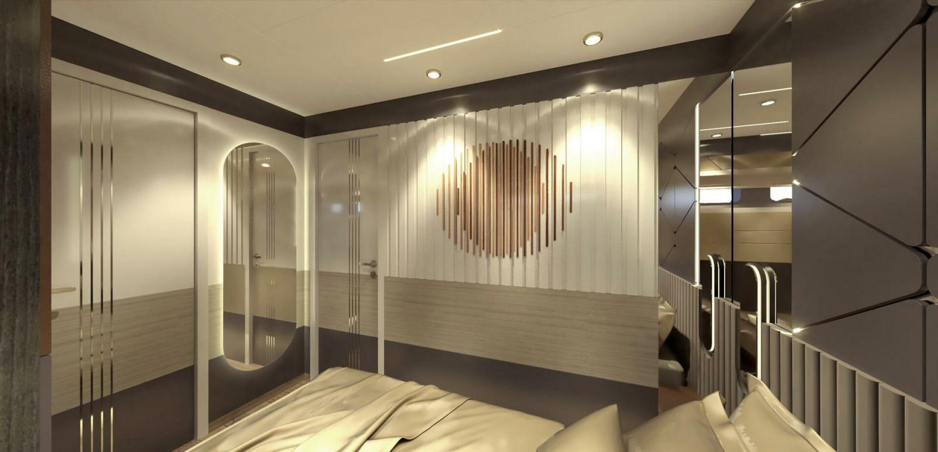 a room with a bed and a mirror aboard VOYAGE ONE Yacht for Charter