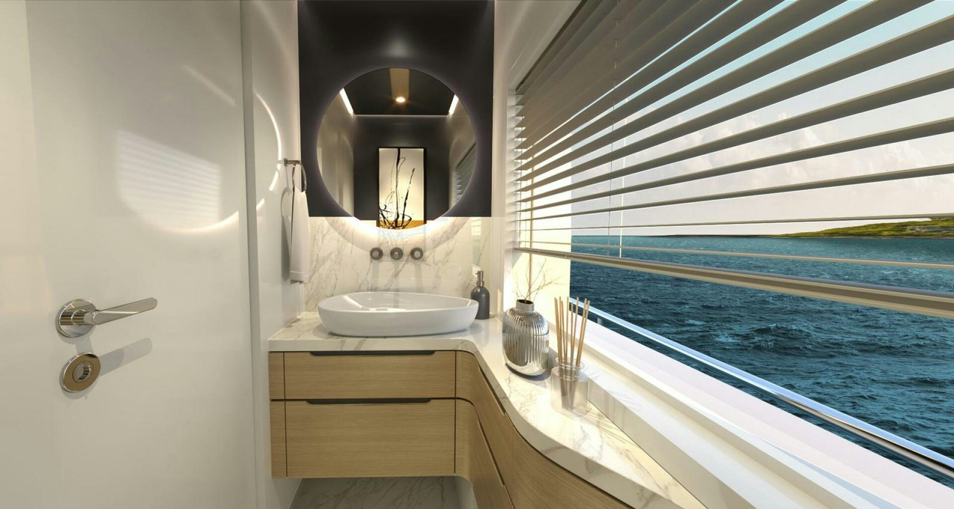 a bathroom with a sink and a mirror aboard VOYAGE ONE Yacht for Charter