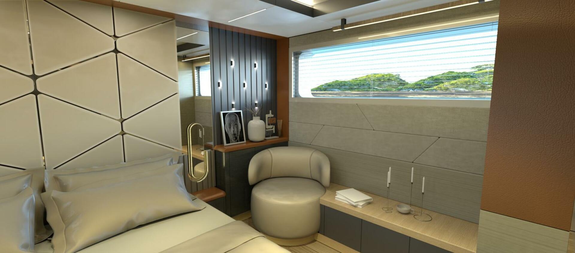 a room with a table and a window aboard VOYAGE ONE Yacht for Charter