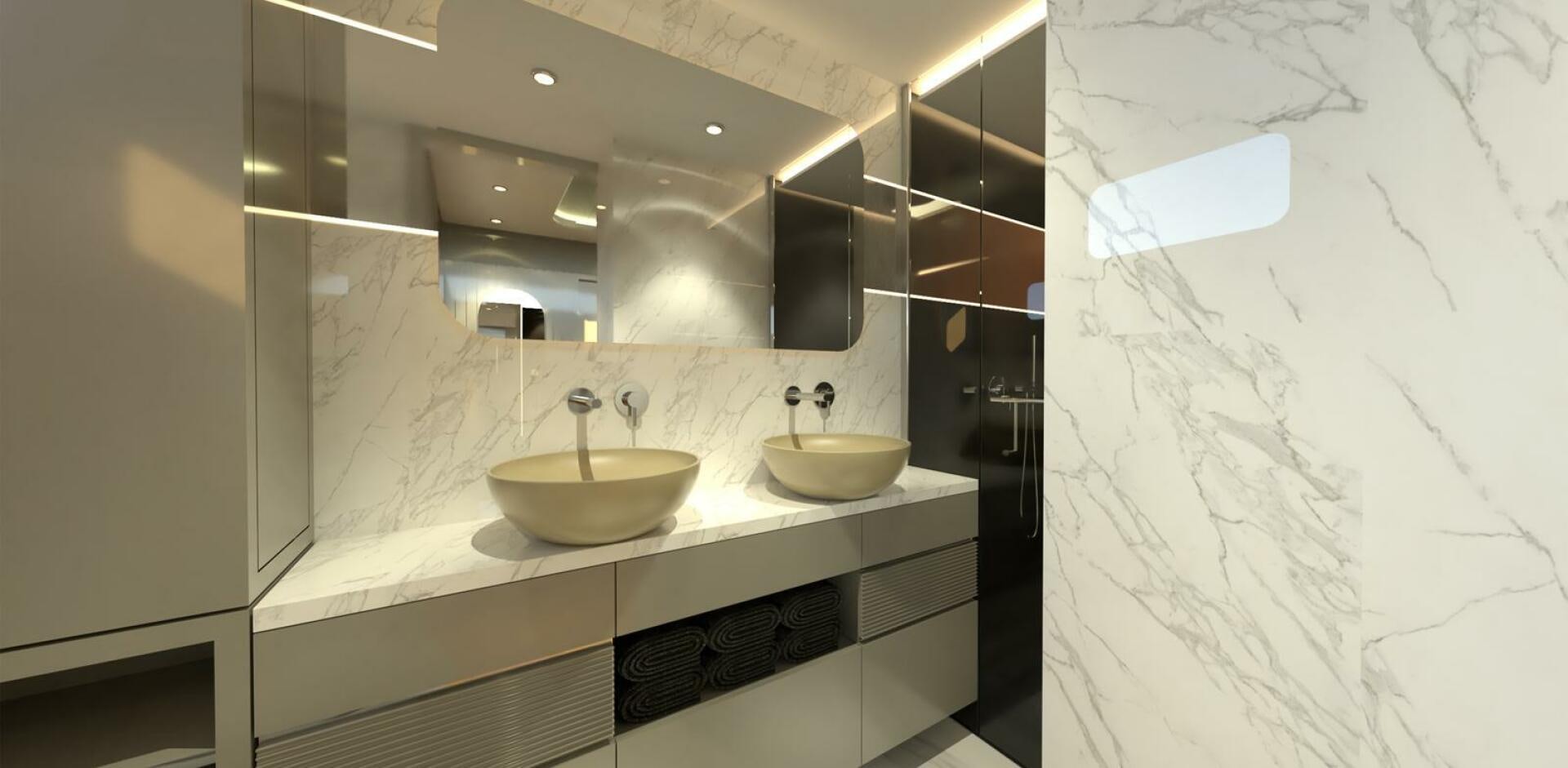 a bathroom with sinks and mirrors aboard VOYAGE ONE Yacht for Charter