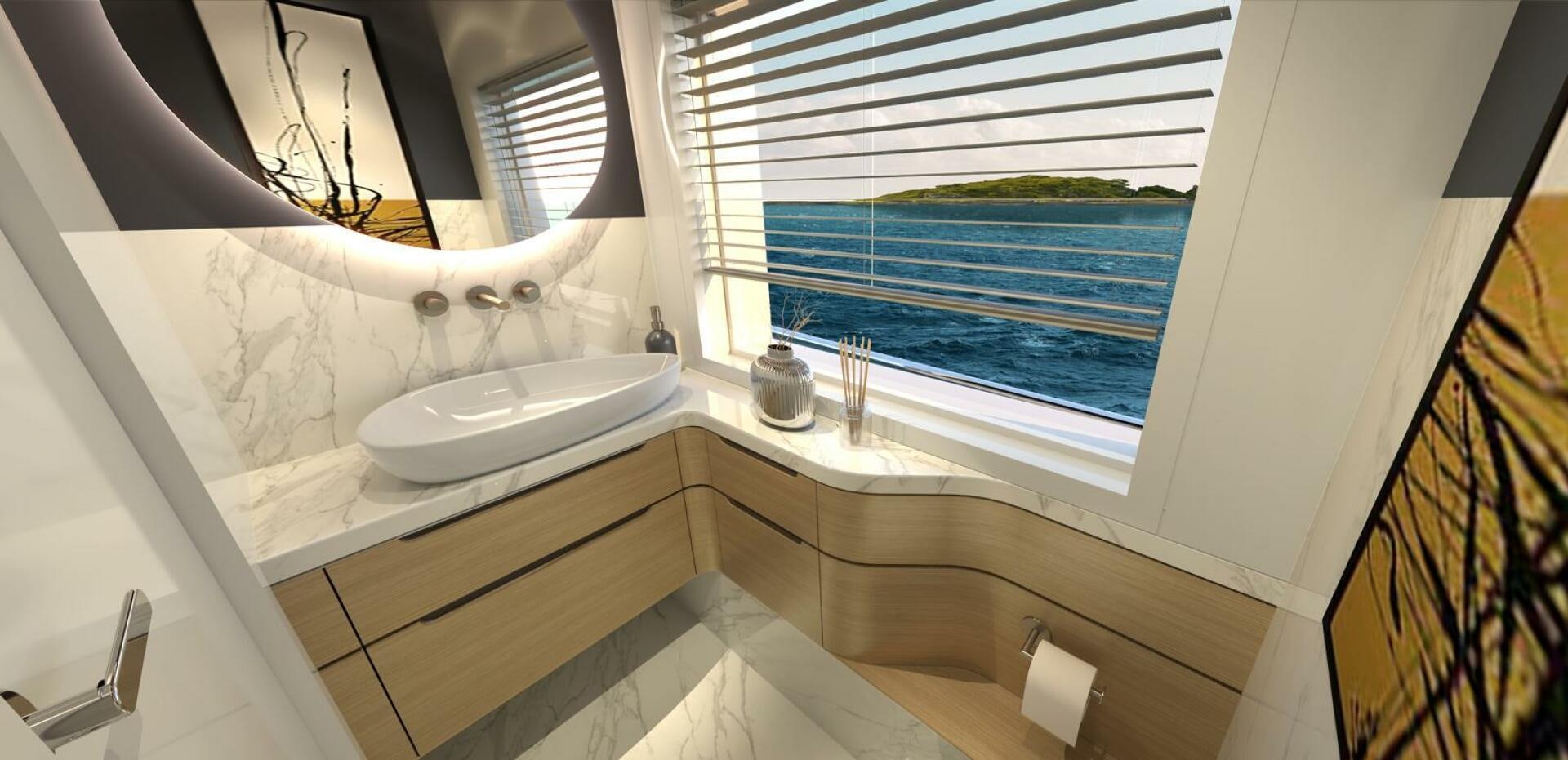 a bathroom with a sink and a window aboard VOYAGE ONE Yacht for Charter